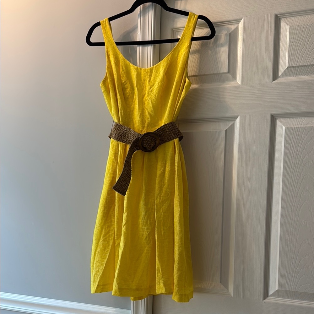 Women's Yellow Sleeveless Dress with Brown Belt, size 6